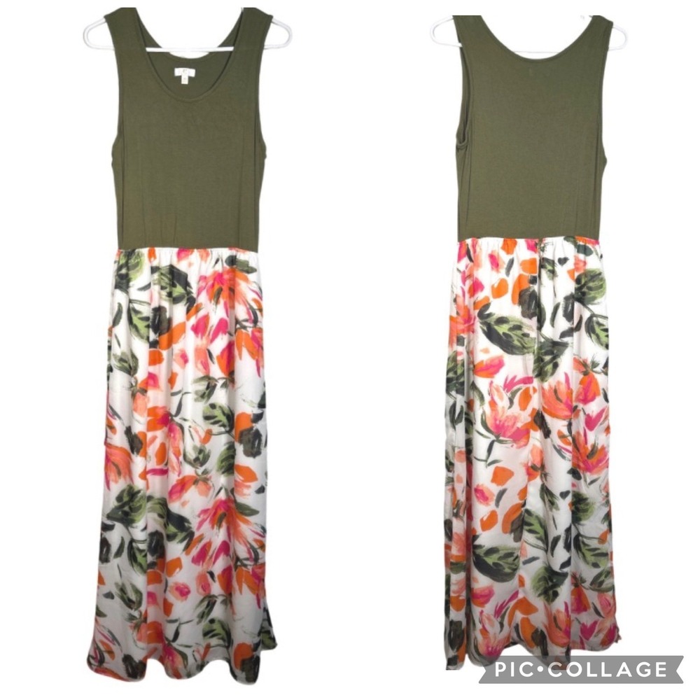 C. Luce Maxi Dress Olive Green Floral Sleeveless Boho Cottagecore Beach Medium